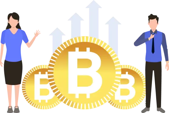 Bitcoin symbols and growth arrows.