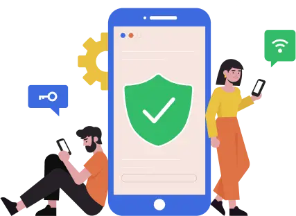 Shield on smartphone, key icon.