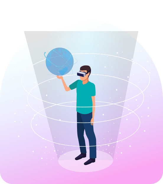 VR user with holographic globe.