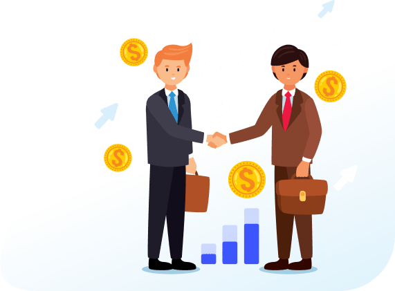 Handshake with dollar coins and growth arrows.