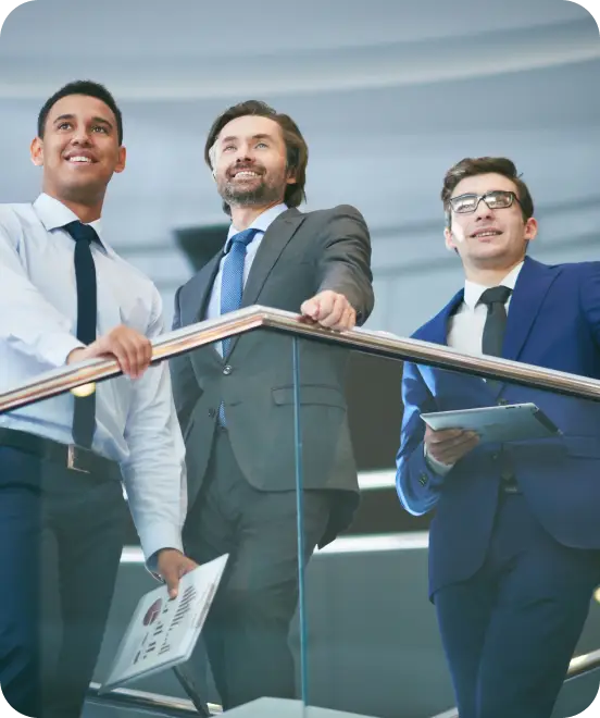 Men on stairs in business scene.