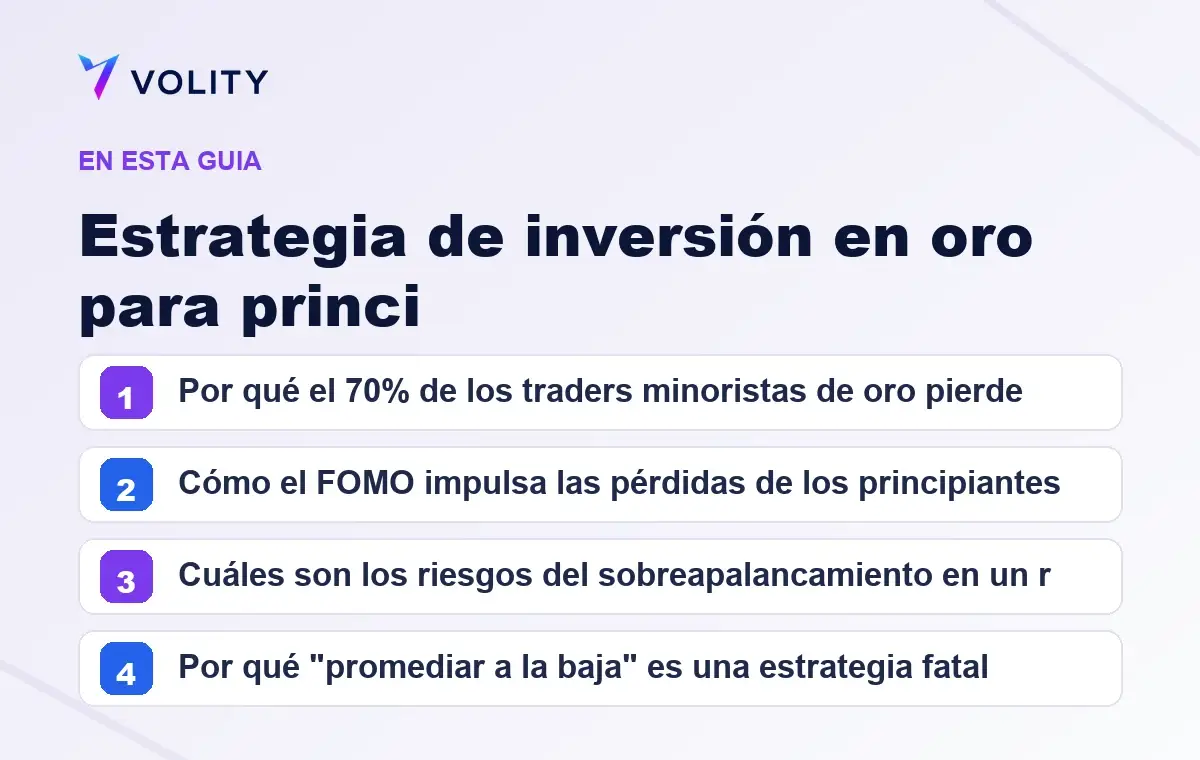 Secciones clave de esta guía de Volity sobre estrategia de inversión en oro para princi