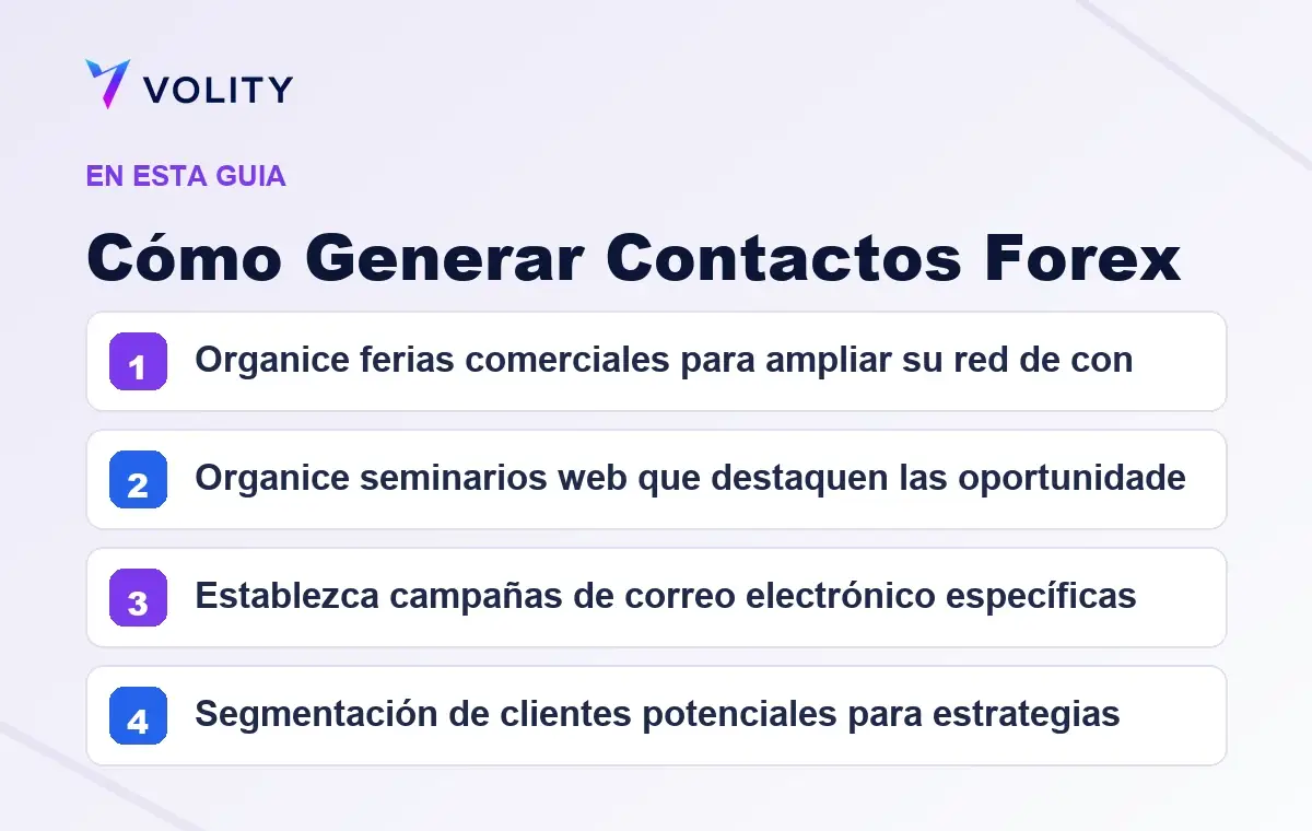 Secciones clave de esta guía de Volity sobre cómo generar contactos forex