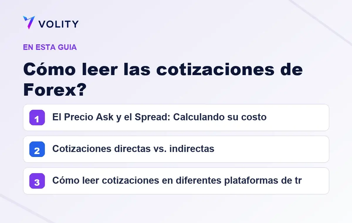 Secciones clave de esta guía de Volity sobre cómo leer las cotizaciones de forex?