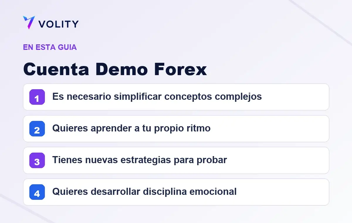 Secciones clave de esta guía de Volity sobre cuenta demo forex