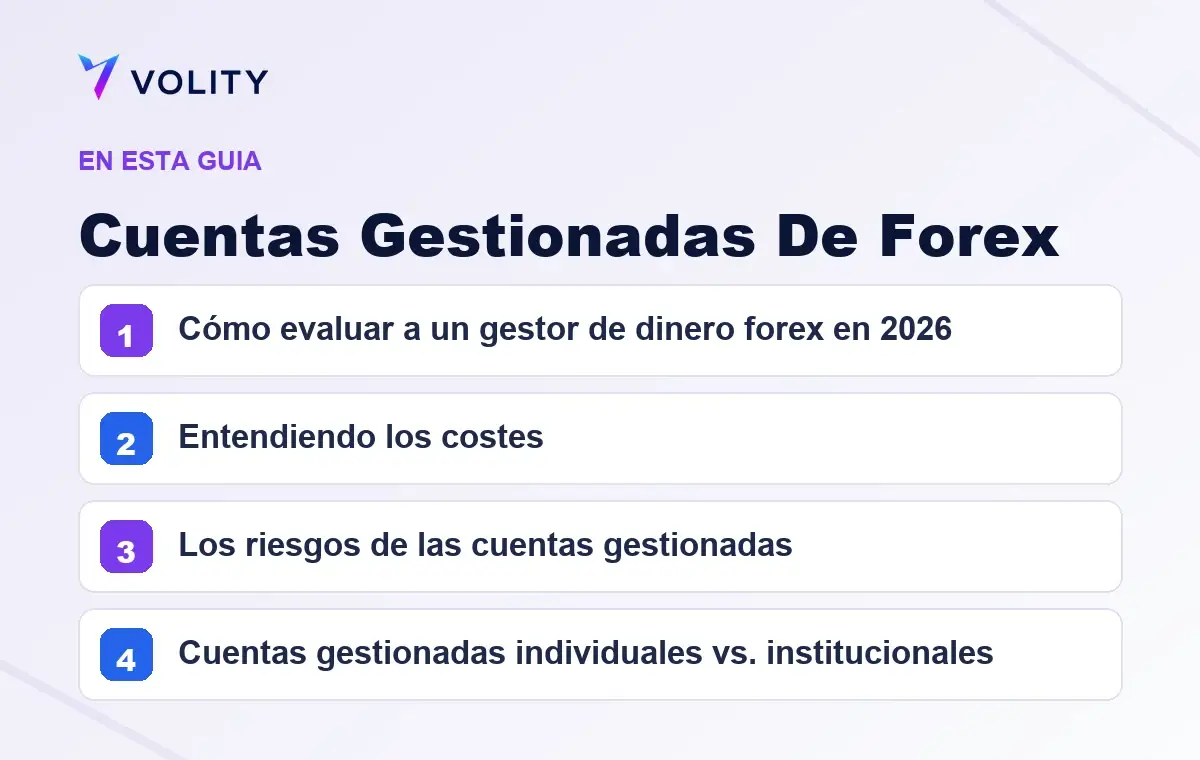 Secciones clave de esta guía de Volity sobre cuentas gestionadas de forex