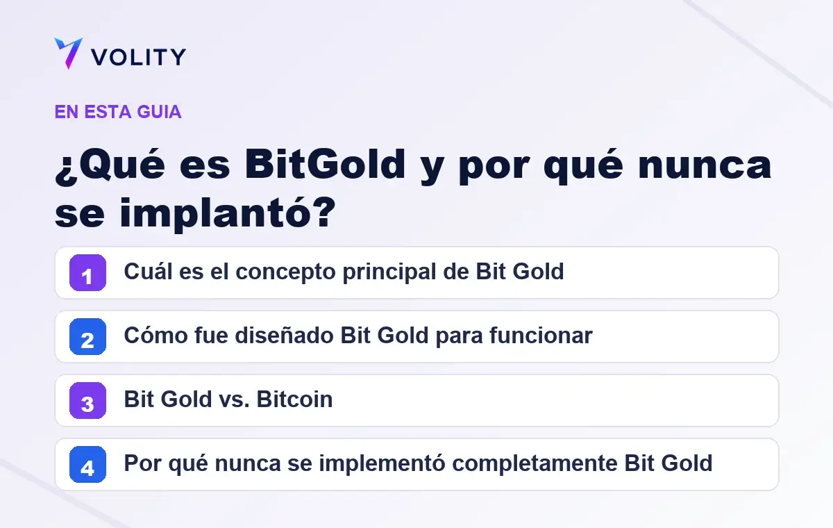 Secciones clave de esta guía de Volity sobre ¿qué es bitgold y por qué nunca se implantó?