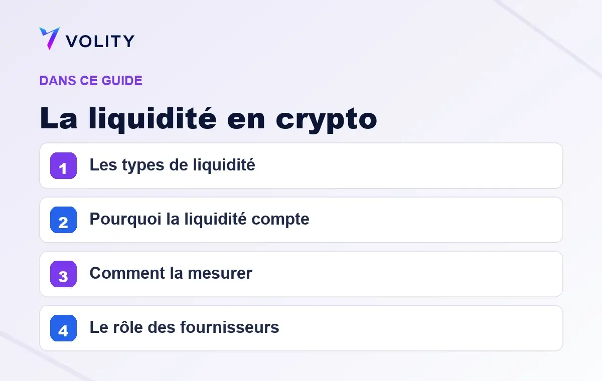 Sections clés de ce guide Volity sur la liquidité crypto