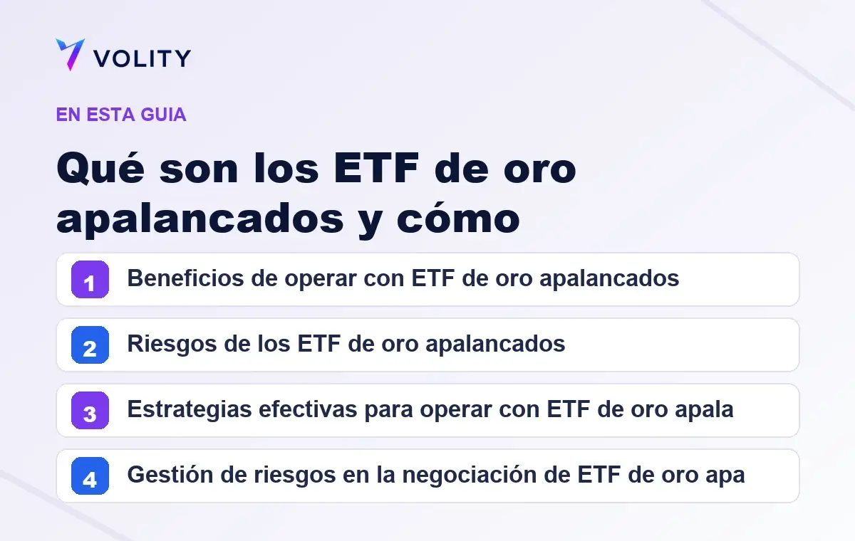 Secciones clave de esta guía de Volity sobre qué son los etf de oro apalancados y cómo