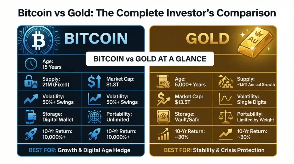 Infographic comparing Bitcoin vs Gold: supply, volatility, market cap, portability, and historical returns