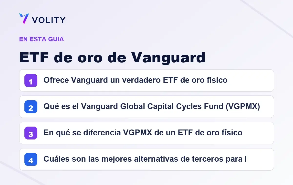 Secciones clave de esta guía de Volity sobre etf de oro de vanguard