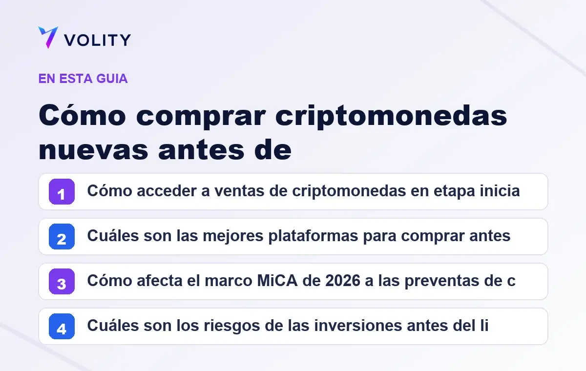 Secciones clave de esta guía de Volity sobre cómo comprar criptomonedas nuevas antes de