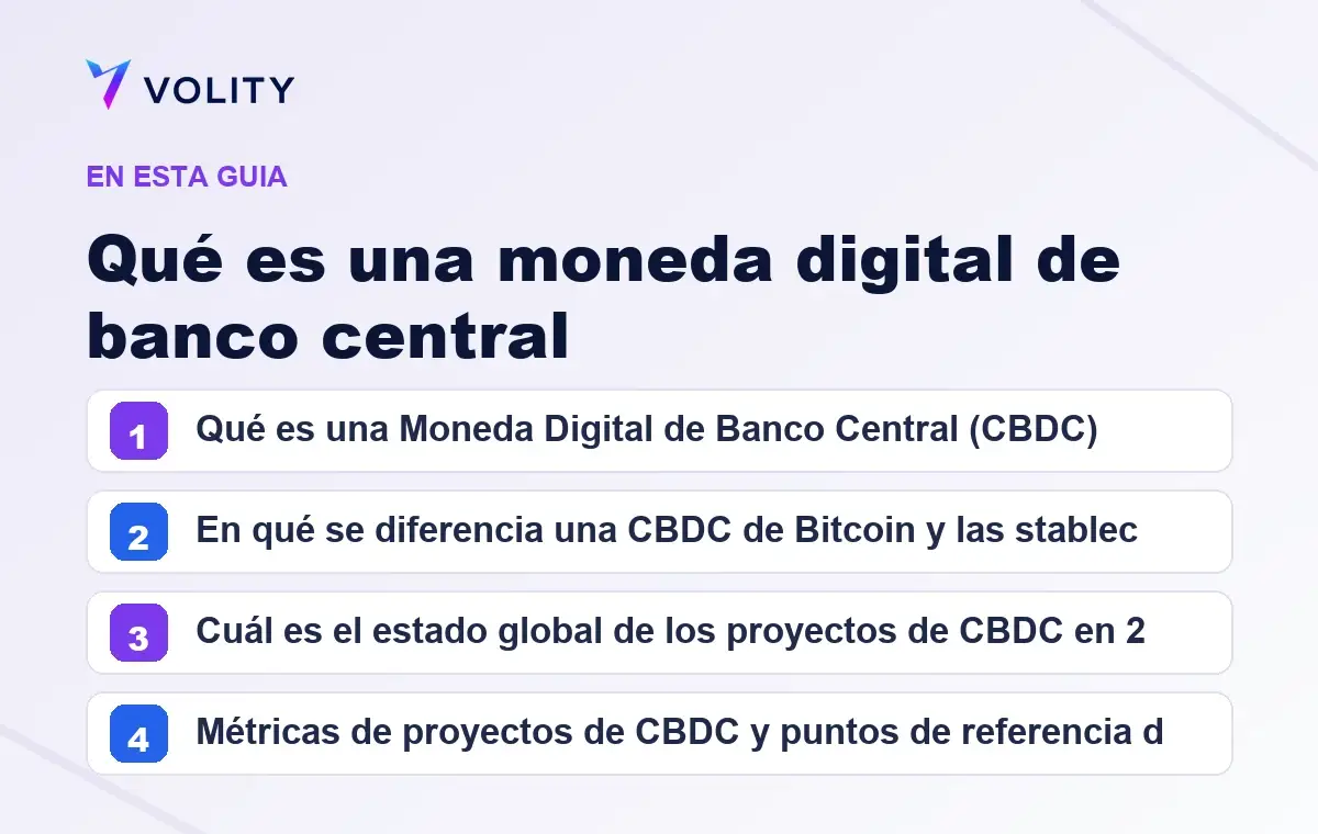 Secciones clave de esta guía de Volity sobre qué es una moneda digital de banco central