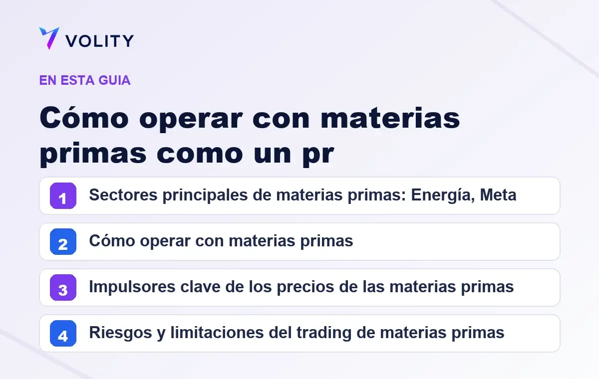 Secciones clave de esta guía de Volity sobre cómo operar con materias primas como un pr