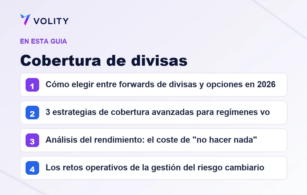 Secciones clave de esta guía de Volity sobre cobertura de divisas