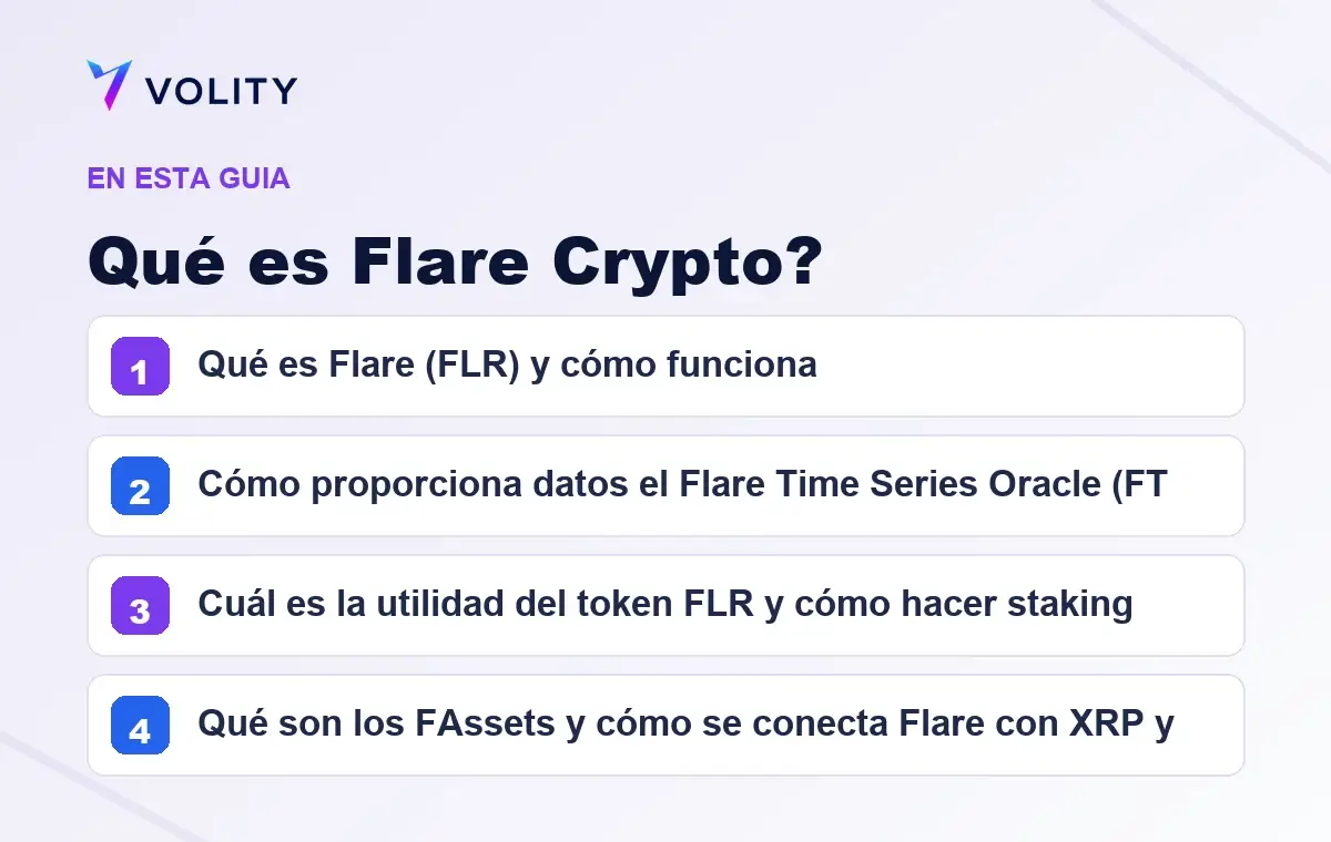 Secciones clave de esta guía de Volity sobre qué es flare crypto?