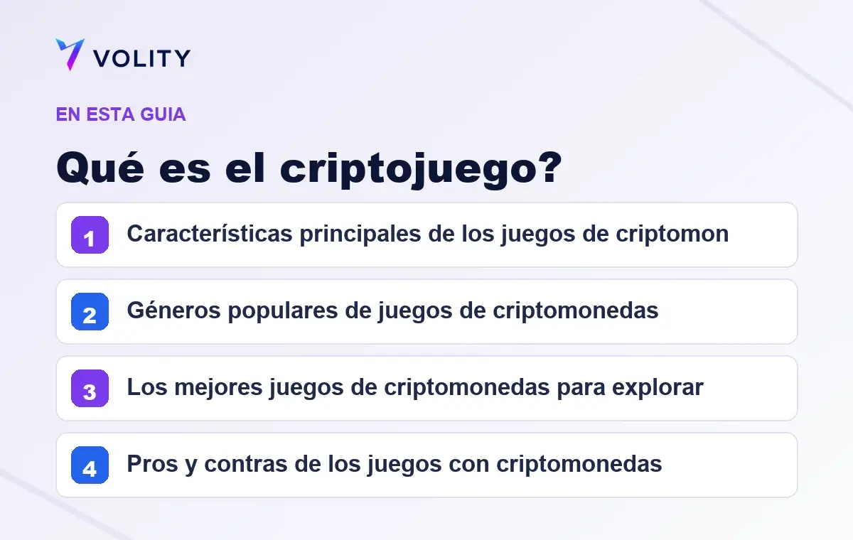 Secciones clave de esta guía de Volity sobre qué es el criptojuego?