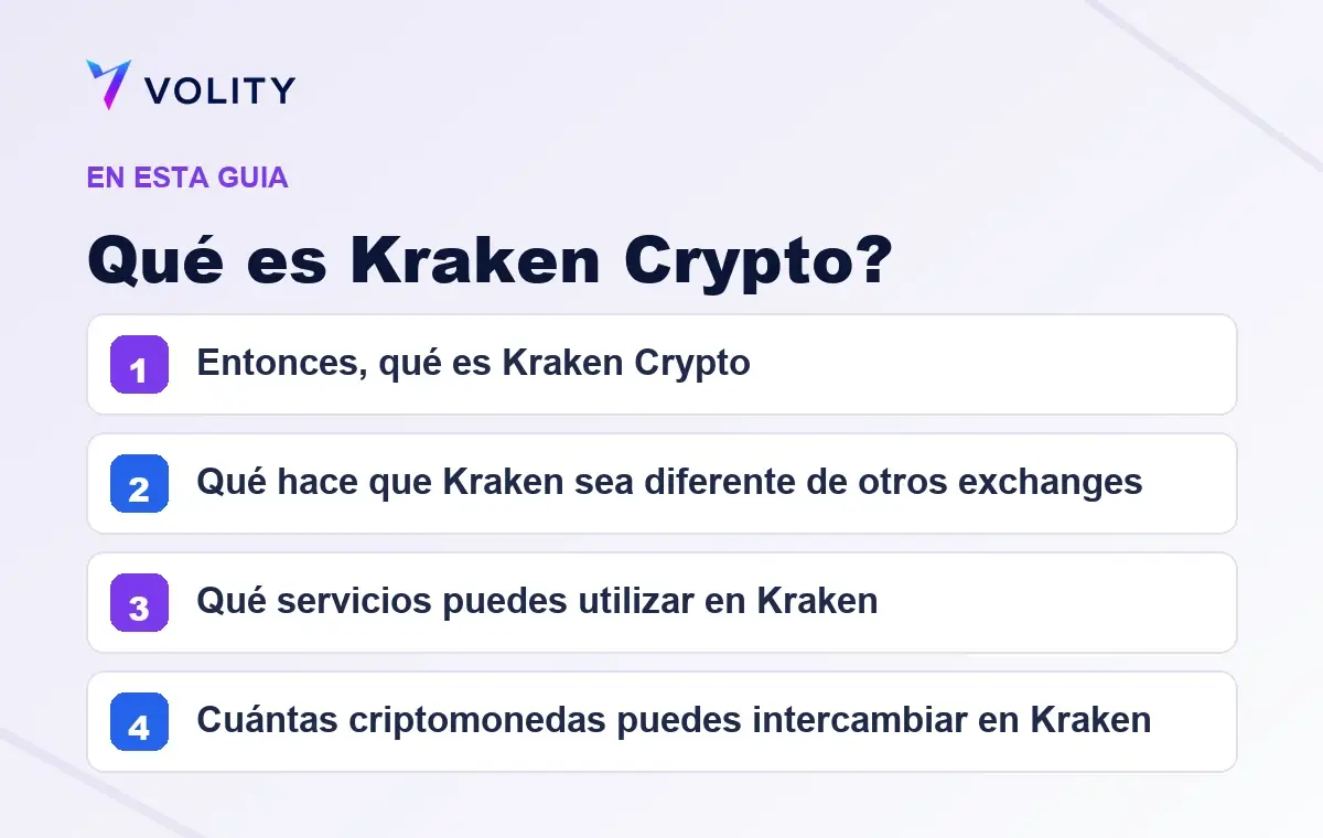 Secciones clave de esta guía de Volity sobre qué es kraken crypto?