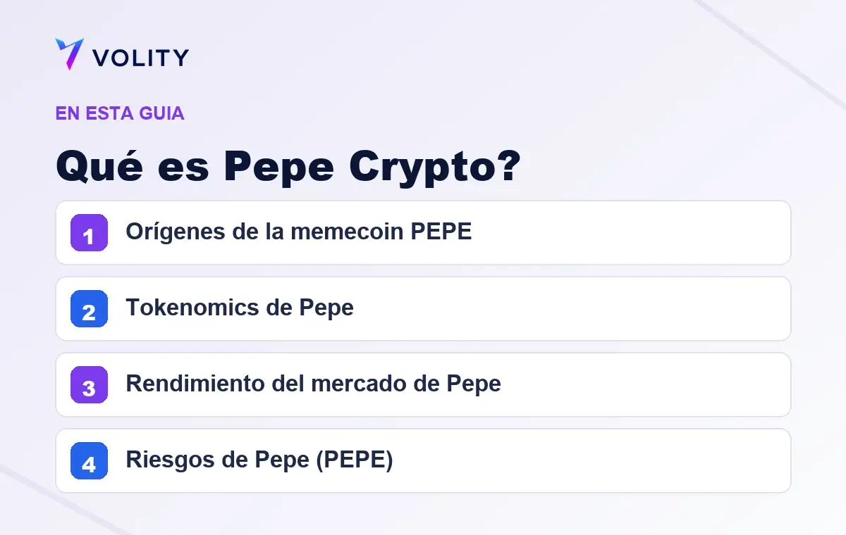 Secciones clave de esta guía de Volity sobre qué es pepe crypto?