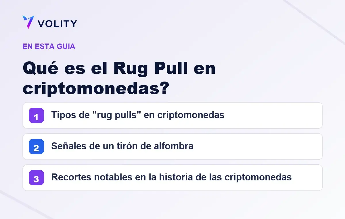 Secciones clave de esta guía de Volity sobre qué es el rug pull en criptomonedas?