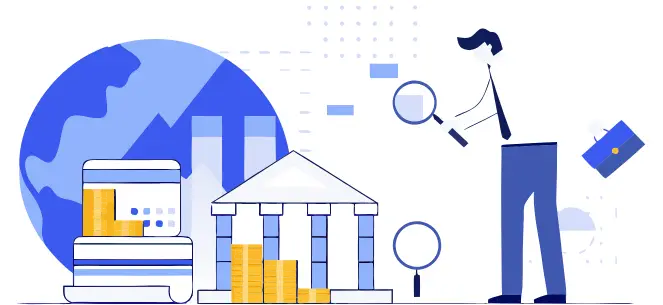 Person mit Aktentasche, die auf die Finanzdetails zoomt.
