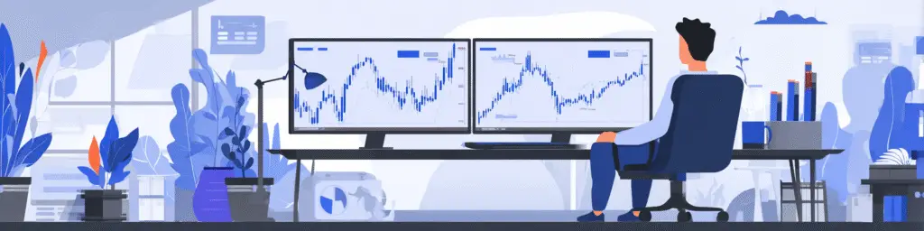 A stylized flat illustration of a trader watching narrowing bid-ask spreads on two monitors. Line charts and currency pairs shown. Bright office background, minimalist color palette: white, light blue, violet accents. No realism, vector style.