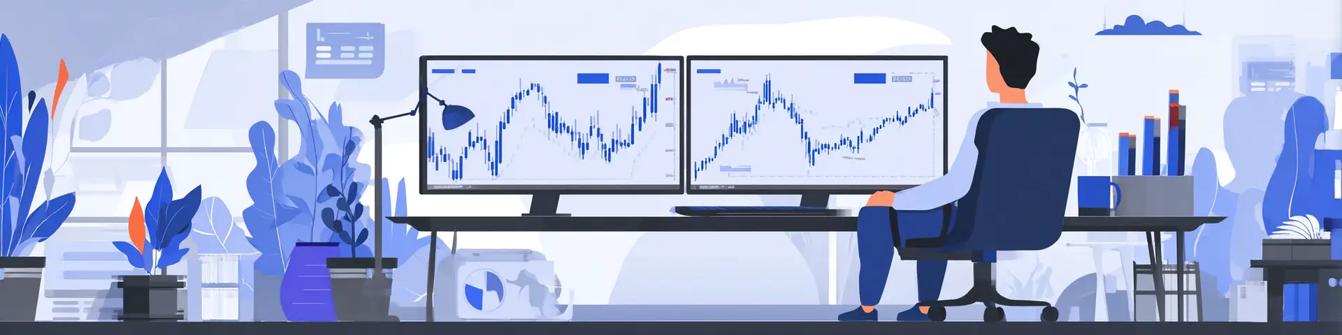 A stylized flat illustration of a trader watching narrowing bid-ask spreads on two monitors. Line charts and currency pairs shown. Bright office background, minimalist color palette: white, light blue, violet accents. No realism, vector style.