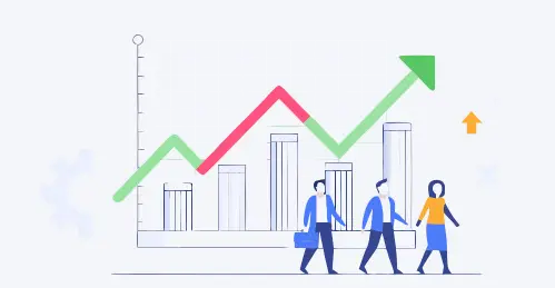 Steigende Grafik mit Personen-Symbolen.