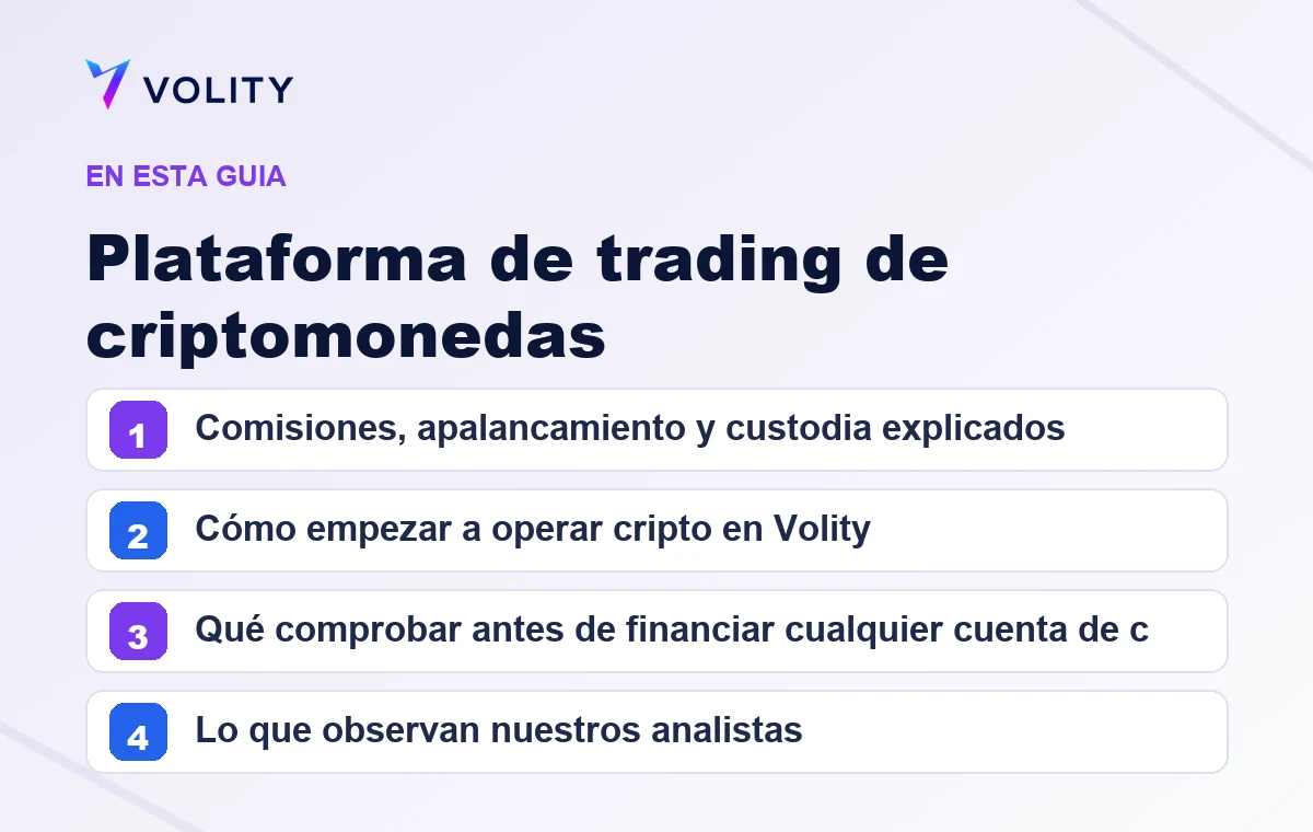 Secciones clave de esta guía de Volity sobre plataforma de trading de criptomonedas