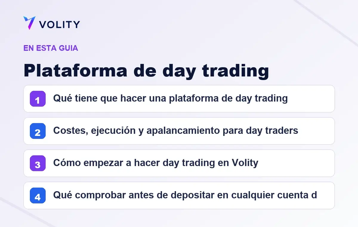 Secciones clave de esta guía de Volity sobre plataforma de day trading