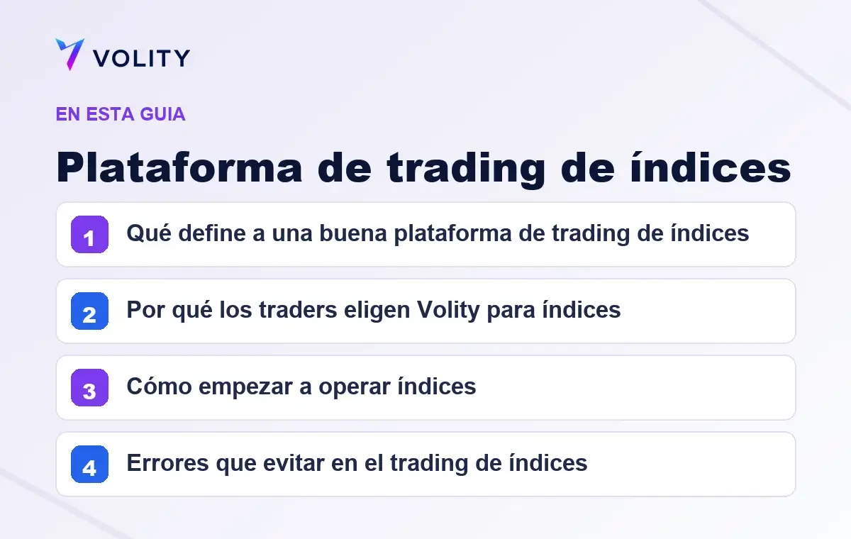Secciones clave de esta guía de Volity sobre plataforma de trading de índices
