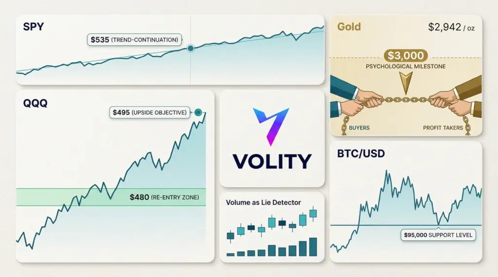 QQQ momentum lifts tech as gold nears $3,000 and BTC holds $95k
