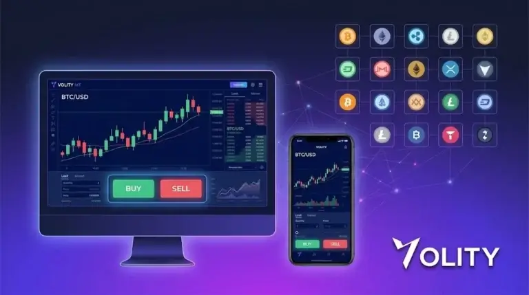 Volity MT crypto trading platform showing BTC USD chart on mobile and desktop