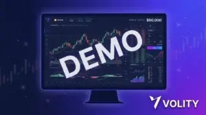 Volity crypto paper trading demo account showing live BTC and ETH charts with real market data for risk-free practice
