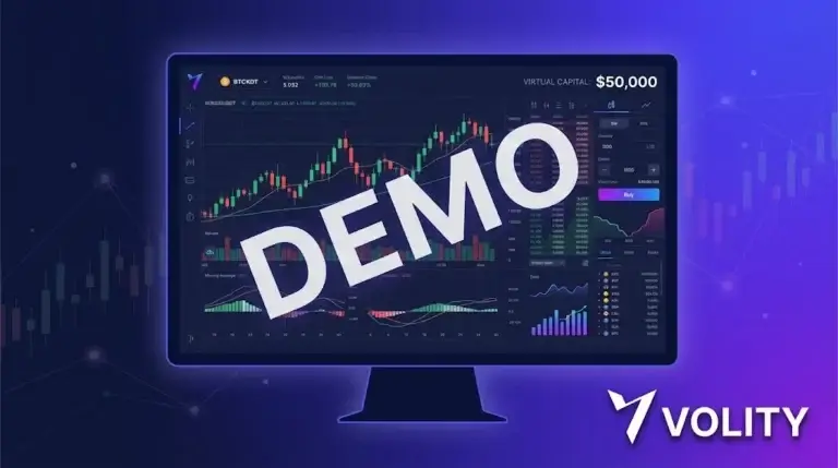 Volity crypto paper trading demo account showing live BTC and ETH charts with real market data for risk-free practice