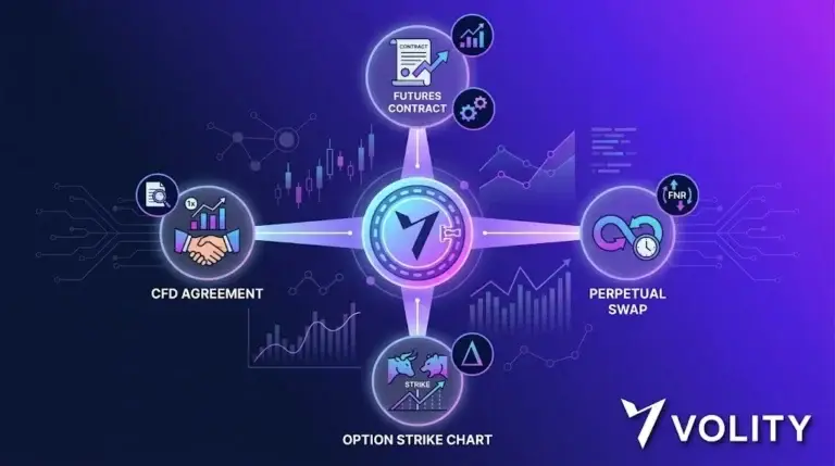 Volity MT crypto derivatives platform showing BTC futures and ETH options orders
