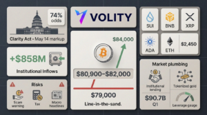 Bitcoin trading near $82,000 alongside US Clarity Act crypto regulation odds rising on Robinhood prediction markets