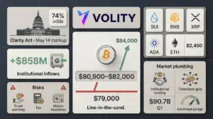 Bitcoin trading near $82,000 alongside US Clarity Act crypto regulation odds rising on Robinhood prediction markets