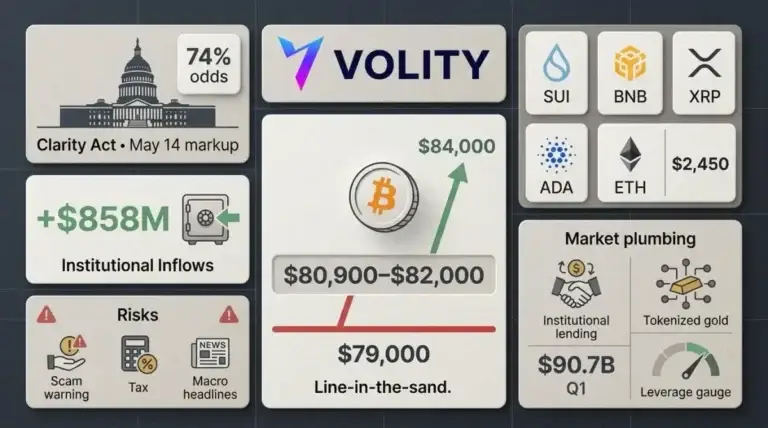 Bitcoin trading near $82,000 alongside US Clarity Act crypto regulation odds rising on Robinhood prediction markets