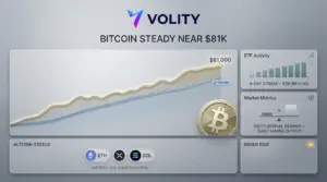 Bitcoin price chart approaching $81,000 with rising spot ETF inflow indicators and MicroStrategy buying signal