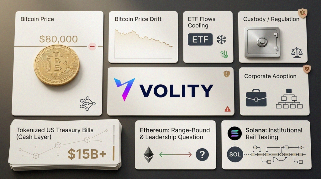 Bitcoin price holding below $80,000 alongside chart showing growing tokenised US Treasuries market and shifting spot ETF flows in May 2026