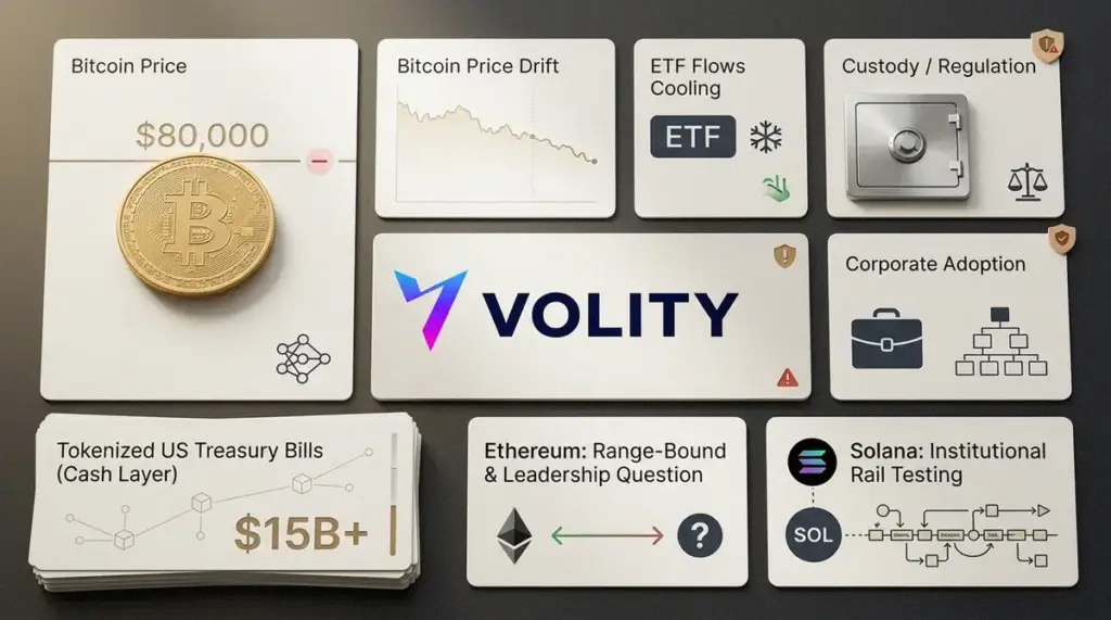 Bitcoin price holding below $80,000 alongside chart showing growing tokenised US Treasuries market and shifting spot ETF flows in May 2026