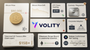 Bitcoin price holding below $80,000 alongside chart showing growing tokenised US Treasuries market and shifting spot ETF flows in May 2026