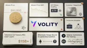 Bitcoin price holding below $80,000 alongside chart showing growing tokenised US Treasuries market and shifting spot ETF flows in May 2026