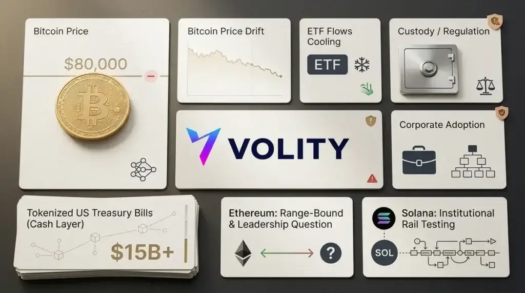 Bitcoin price holding below $80,000 alongside chart showing growing tokenised US Treasuries market and shifting spot ETF flows in May 2026