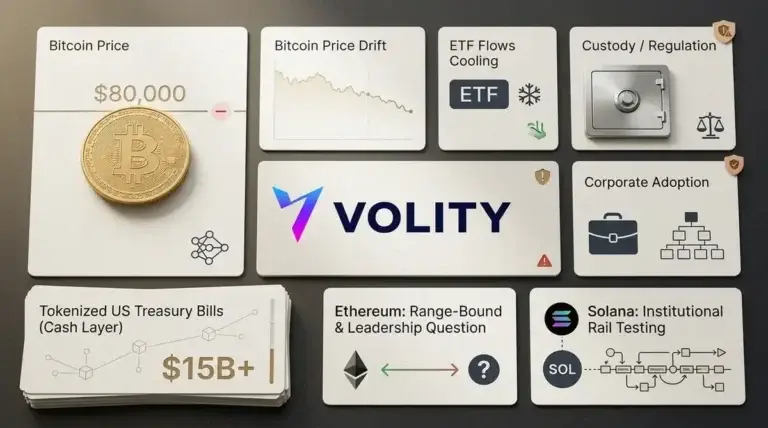 Bitcoin price holding below $80,000 alongside chart showing growing tokenised US Treasuries market and shifting spot ETF flows in May 2026