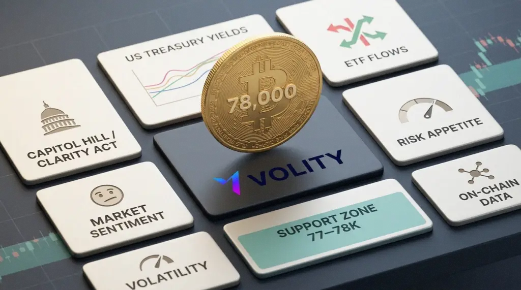 Bitcoin price near $78,000 alongside US Capitol building representing the CLARITY Act regulatory tightening on crypto markets in May 2026