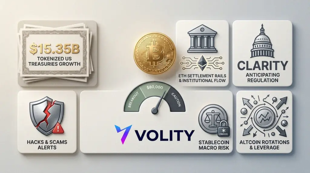 Bitcoin price near $80,000 alongside tokenised US Treasuries growth chart at $15bn during 2026 CLARITY Act crypto policy moves