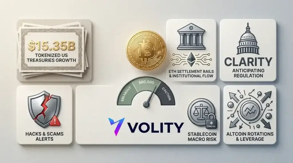 Bitcoin price near $80,000 alongside tokenised US Treasuries growth chart at $15bn during 2026 CLARITY Act crypto policy moves