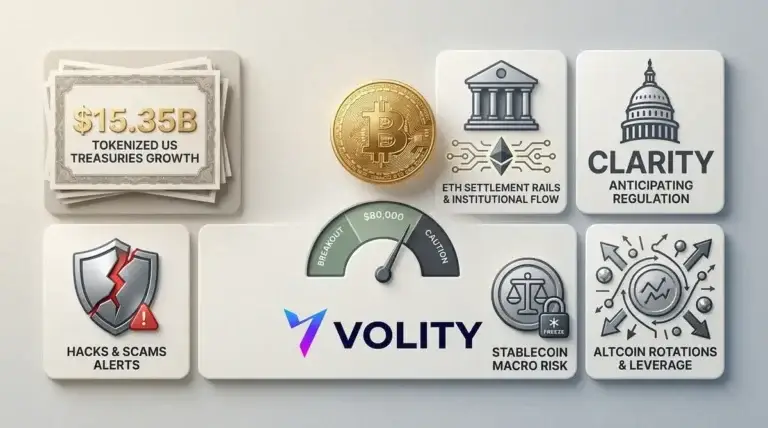 Bitcoin price near $80,000 alongside tokenised US Treasuries growth chart at $15bn during 2026 CLARITY Act crypto policy moves